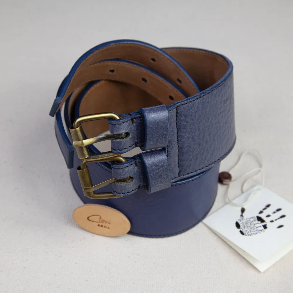 Cintura donna Pelle blu Prussia doppia fibbia